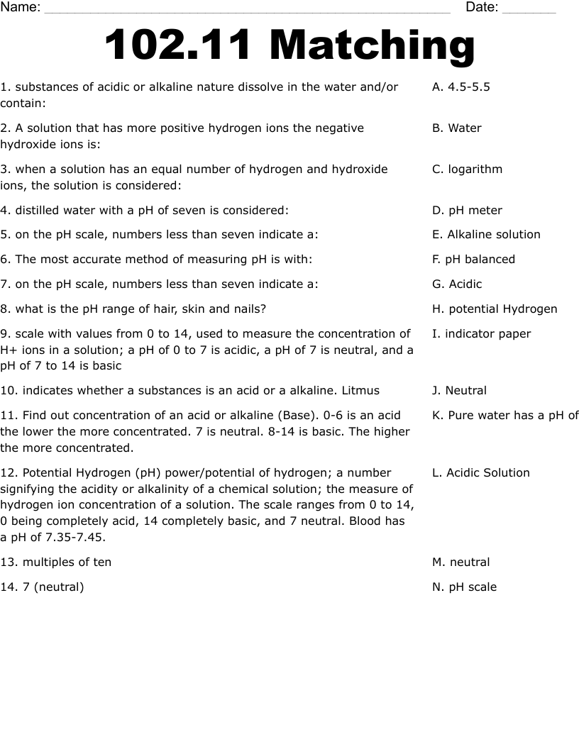 102.11 Matching  Worksheet