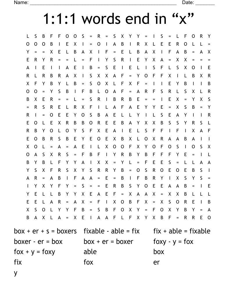 1:1:1 words end in “x” Word Search