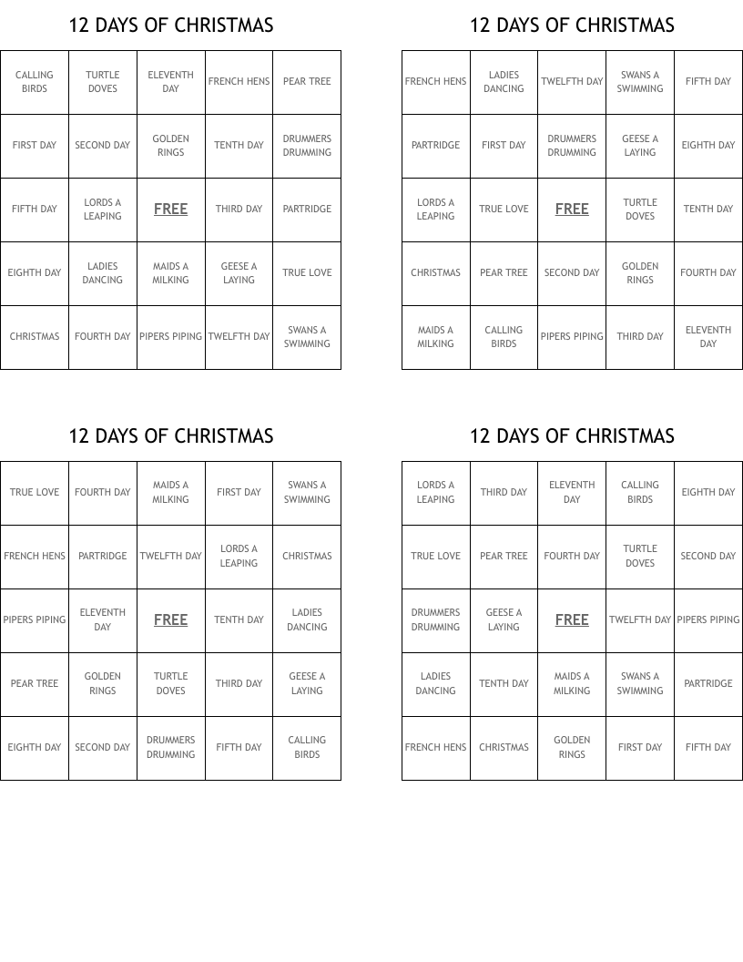 12 DAYS OF CHRISTMAS Bingo Cards