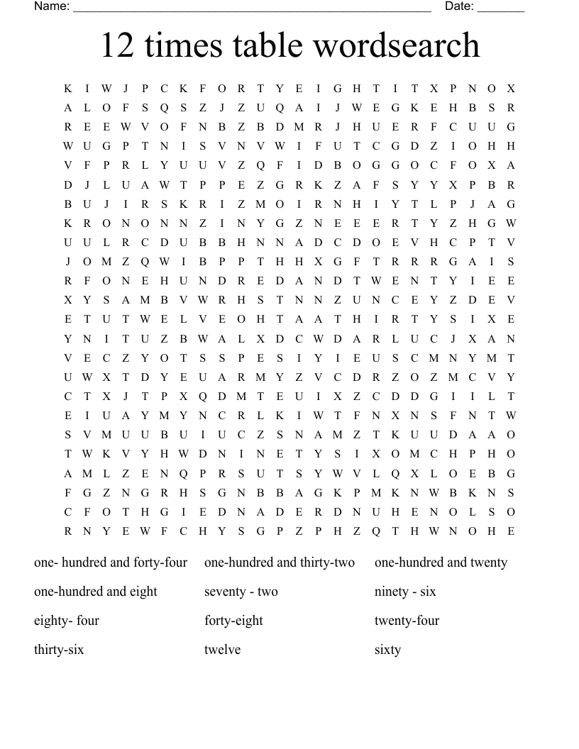 12 times table wordsearch