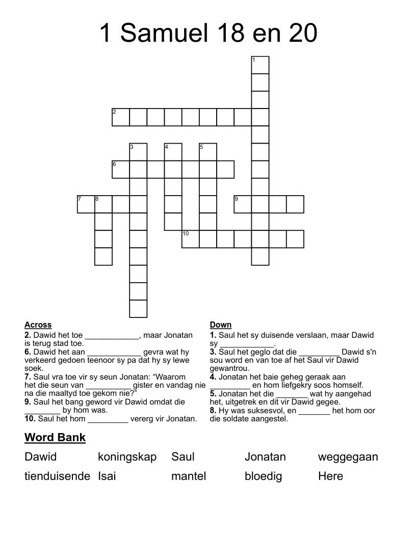 1 Samuel 18 en 20 Crossword