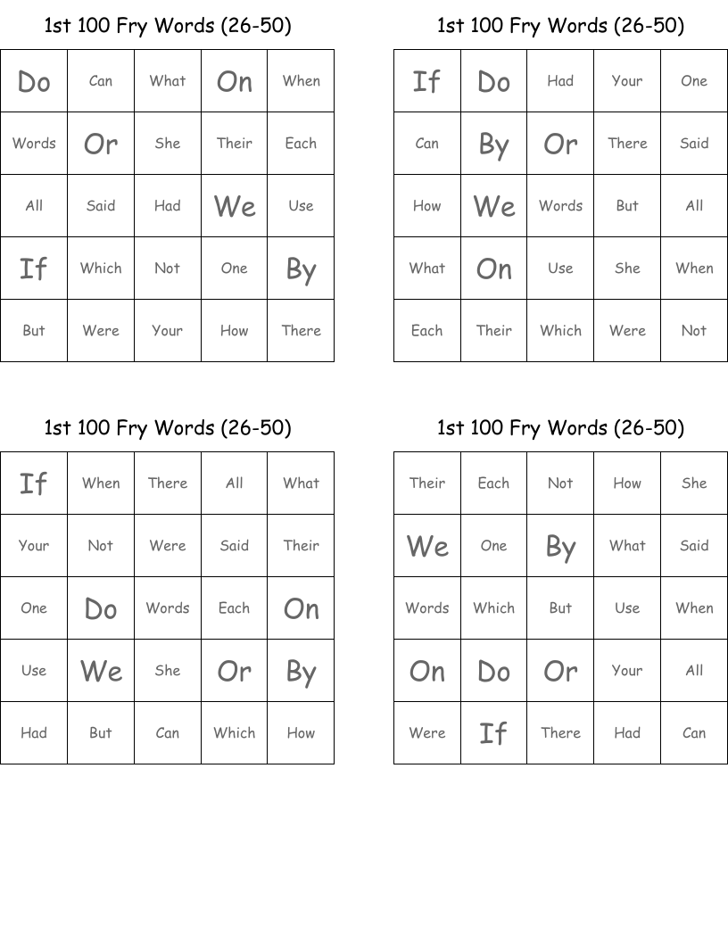 1st 100 Fry Words (26-50) Bingo Cards