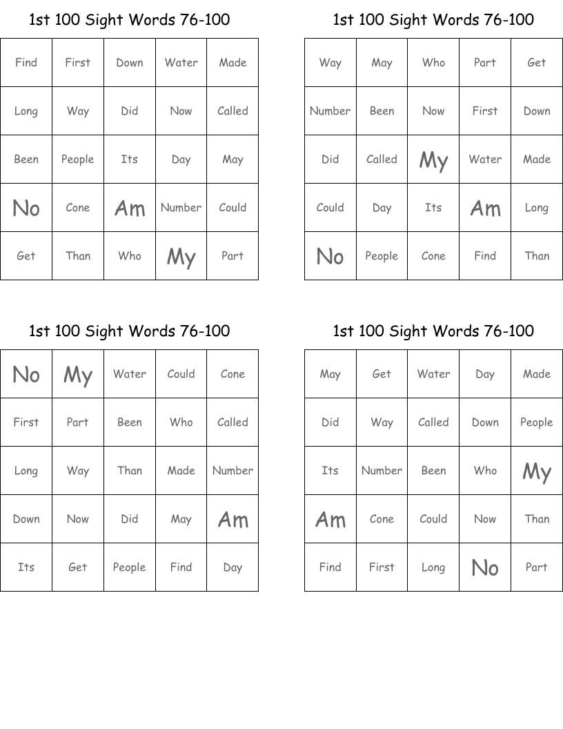 1st 100 Sight Words 76-100 Bingo Cards