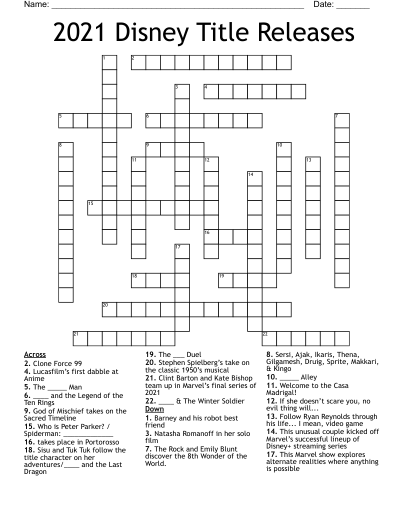 2021 Disney Title Releases  Crossword