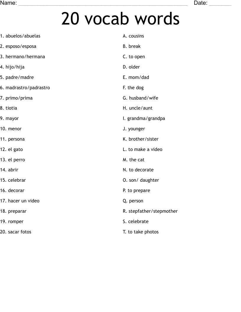 20 vocab words Worksheet