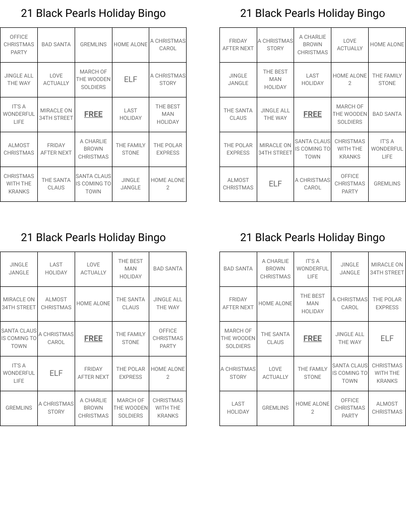 21 Black Pearls Holiday Bingo