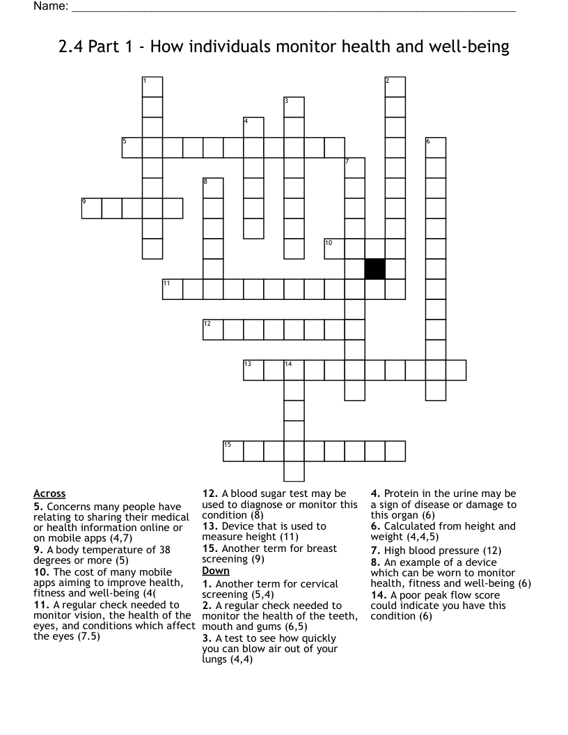 2.4 Part 1 - How individuals monitor health and well-being Crossword