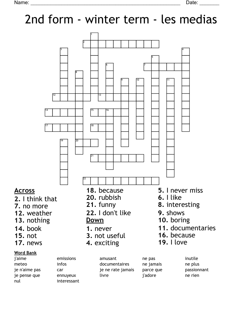 2nd form - winter term - les medias Crossword