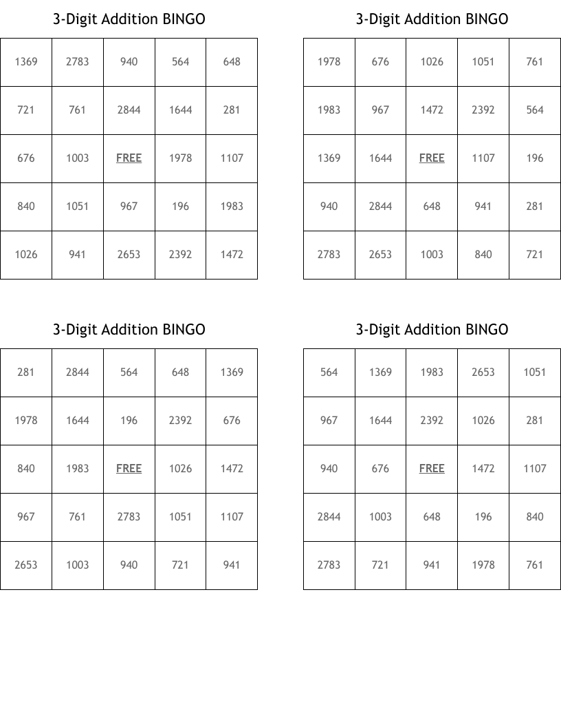 3-Digit Addition BINGO