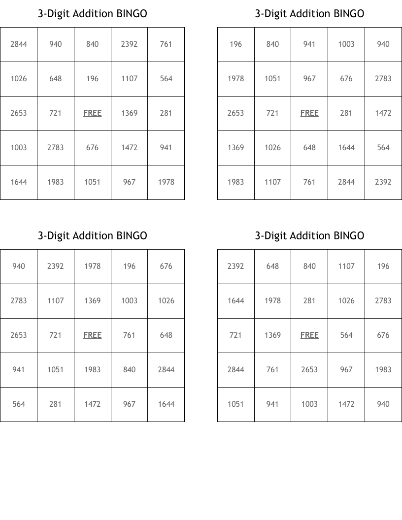 3-Digit Addition BINGO