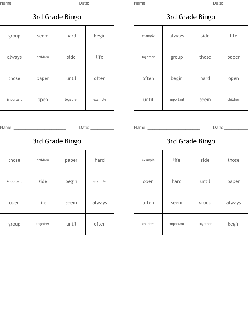 3rd Grade Bingo