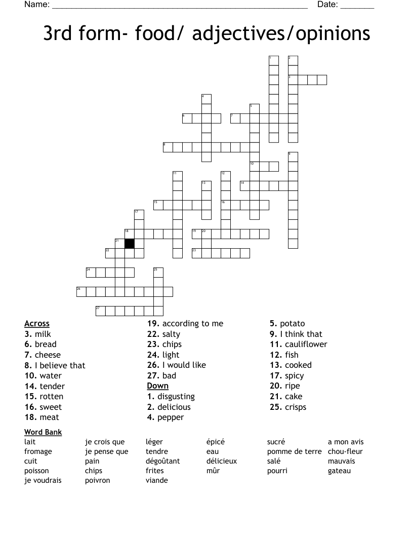 3rd form- food/ adjectives/opinions Crossword