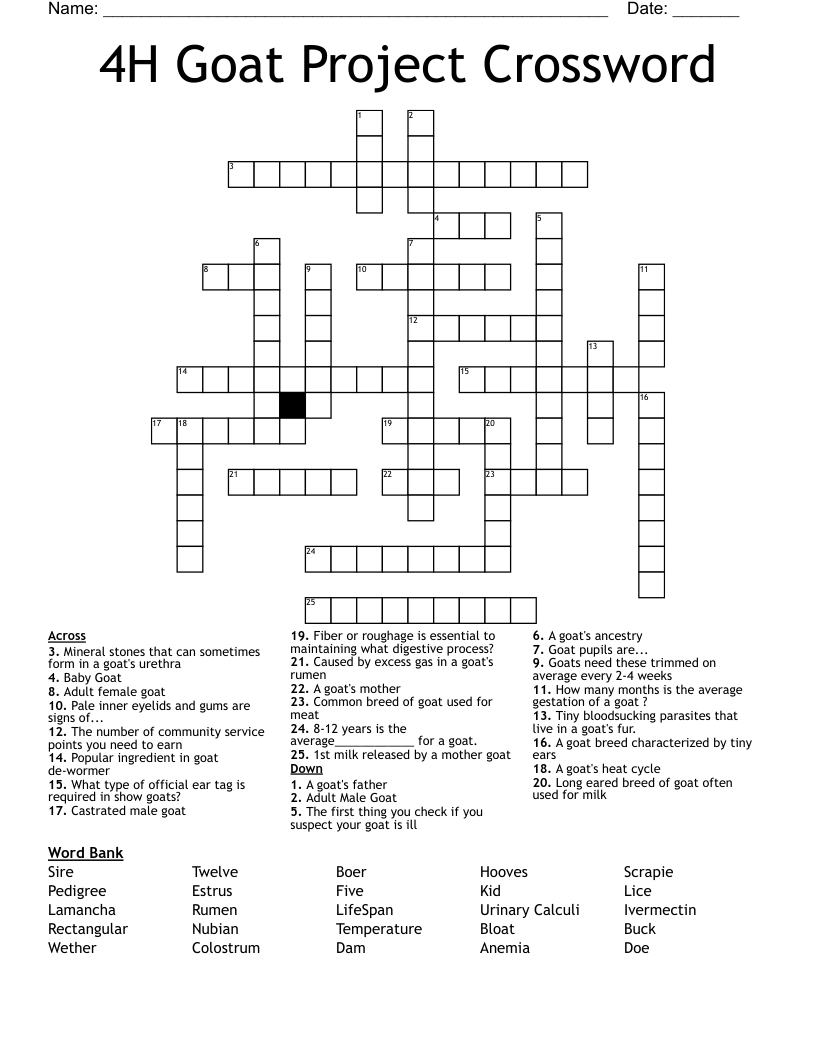 4H Goat Project Crossword