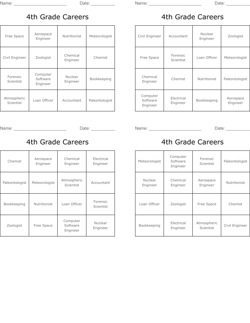 4th  Grade Careers  Bingo Cards