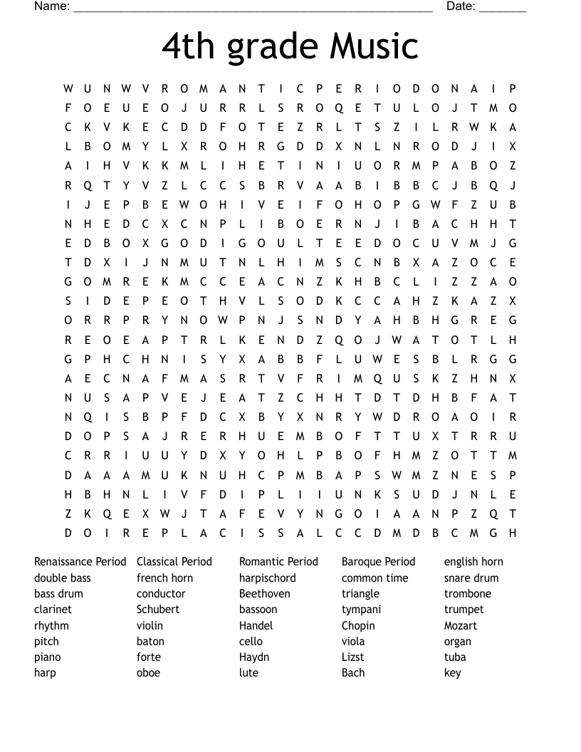 4th grade Music Word Search