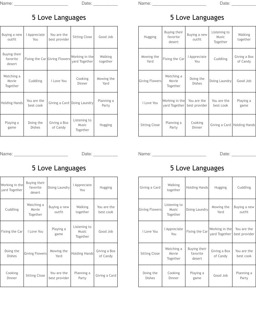 5 Love Languages Bingo Cards