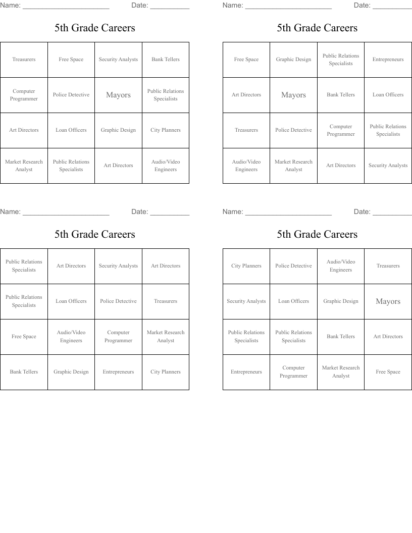 5th Grade Careers  Bingo Cards