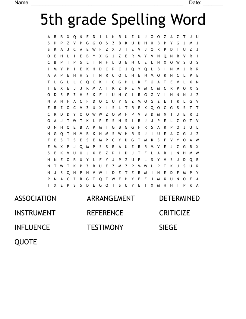 5th grade Spelling Word  Word Search