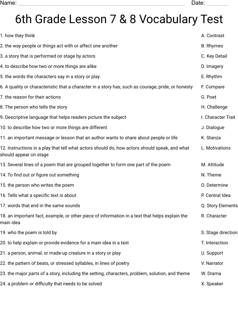 6th  Grade Lesson 7 & 8 Vocabulary Test  Worksheet