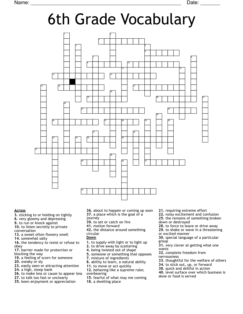 6th Grade Vocabulary Crossword
