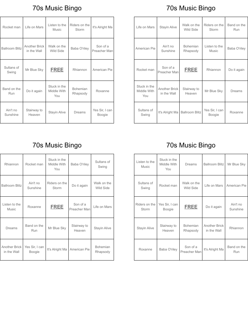 70s Music Bingo