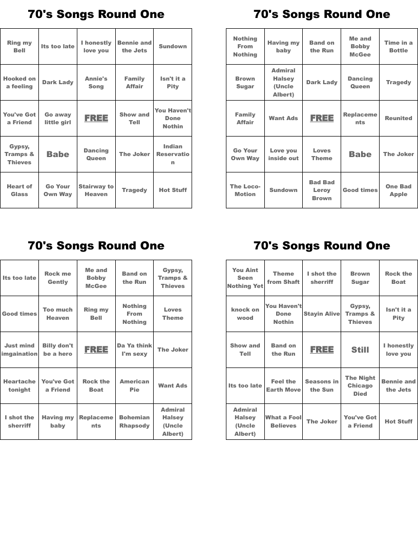70's Songs Round One Bingo Cards