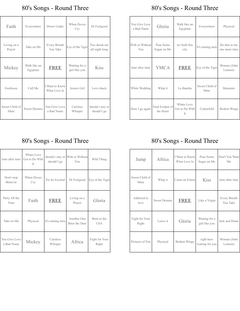 80's Songs - Round Three Bingo Cards