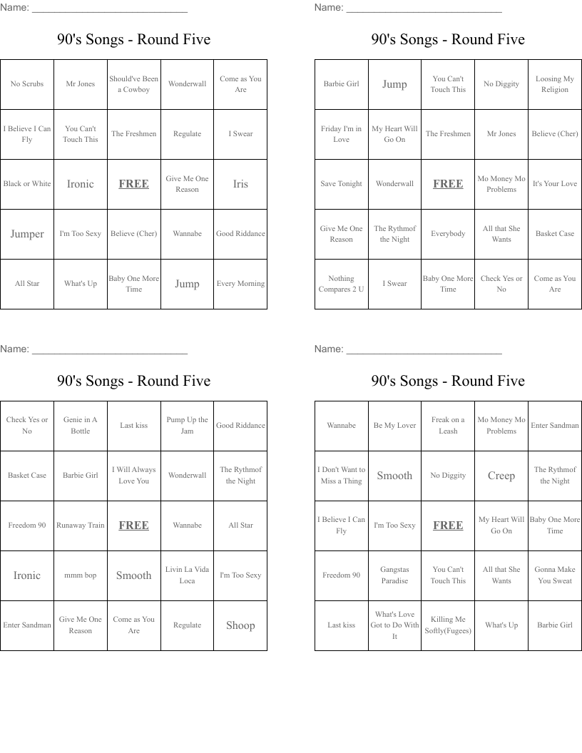90's Songs - Round Five Bingo Cards