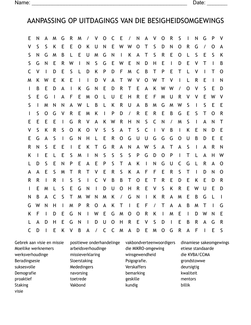 AANPASSING OP UITDAGINGS VAN DIE BESIGHEIDSOMGEWINGS  Word Search