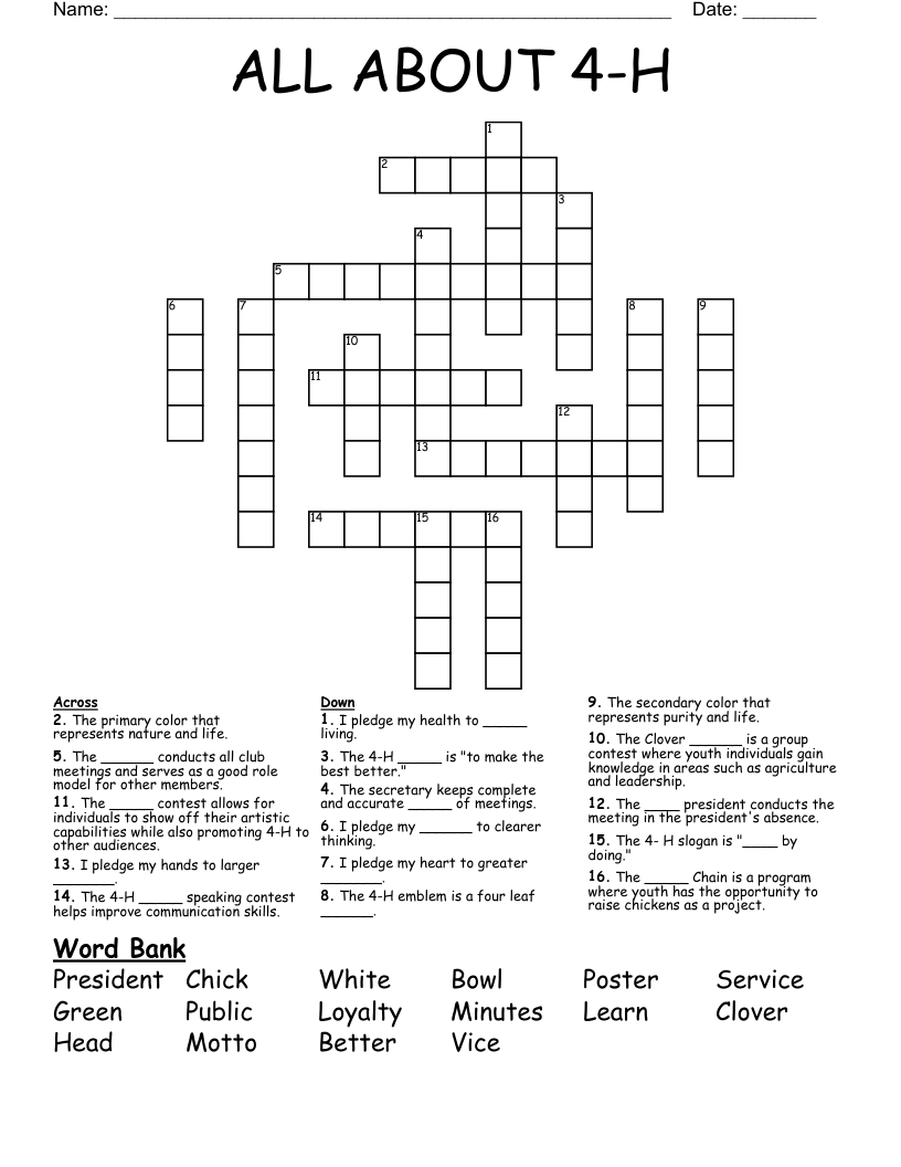 ALL ABOUT 4-H Crossword