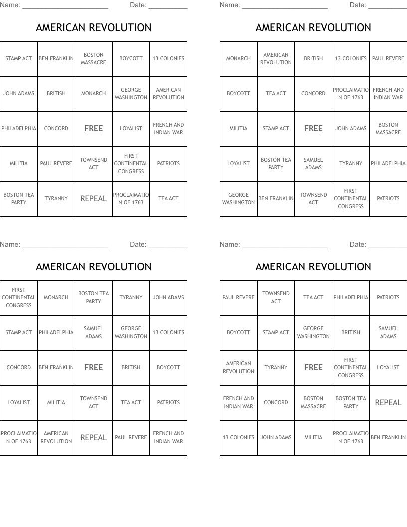 AMERICAN REVOLUTION Bingo Cards