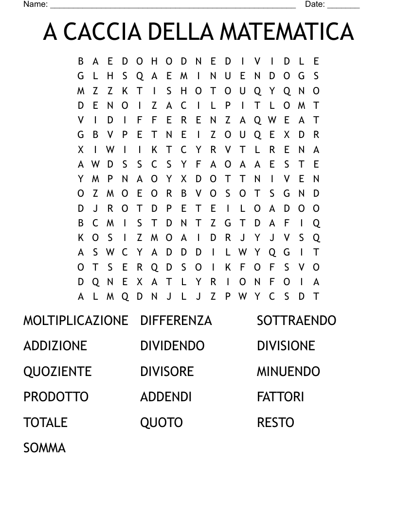 A CACCIA DELLA MATEMATICA Word Search