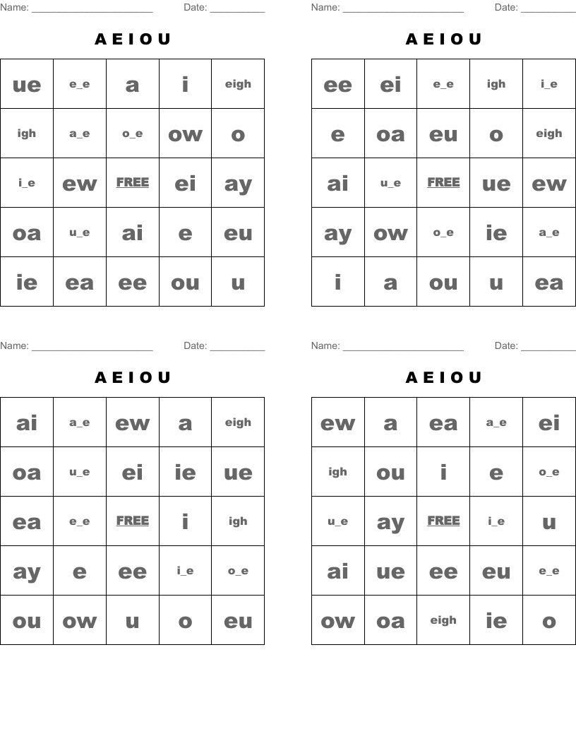 A     E    I    O   U Bingo Cards