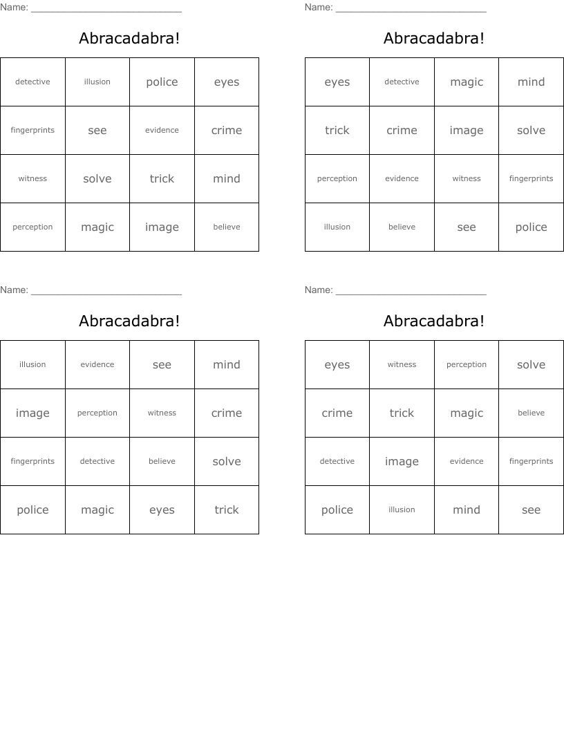 Abracadabra! Bingo Cards