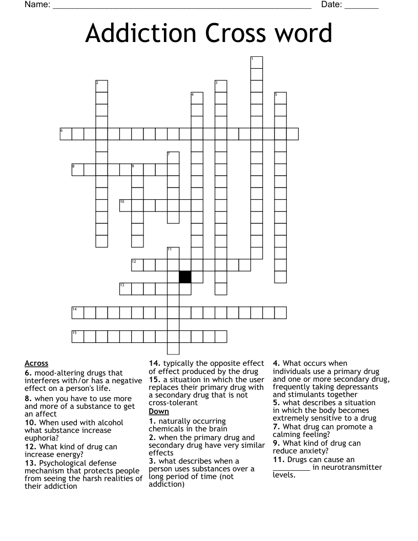 Addiction Cross word