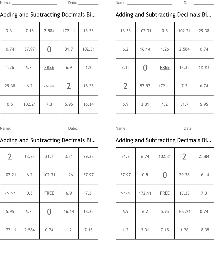 Adding and Subtracting Decimals Bingo