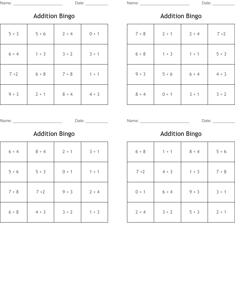 Addition Bingo