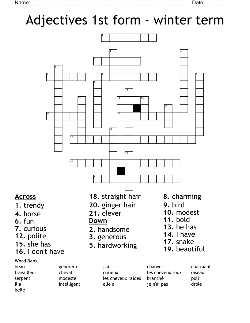 Adjectives 1st form - winter term Crossword