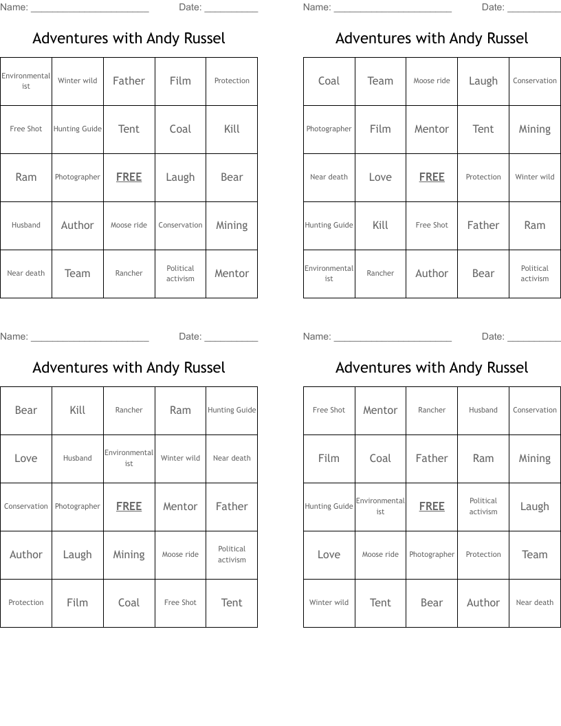 Adventures with Andy Russel Bingo Cards