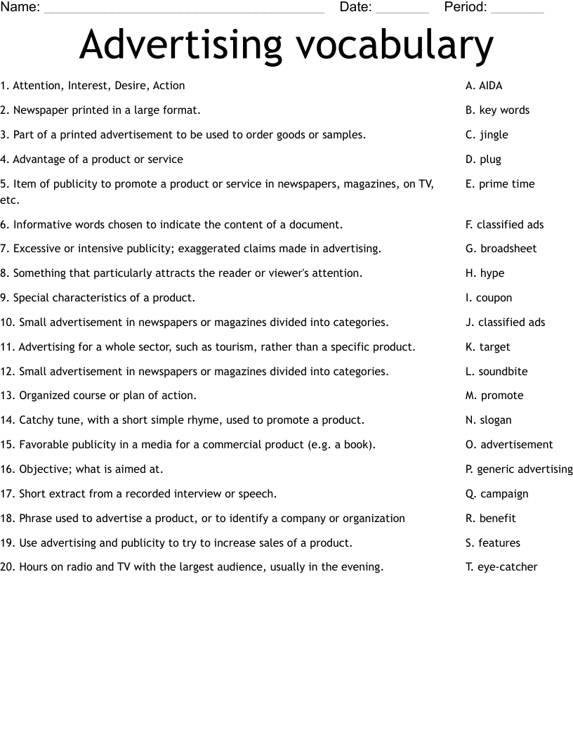 Advertising vocabulary Worksheet