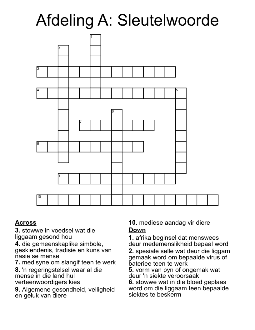 Afdeling A: Sleutelwoorde  Crossword