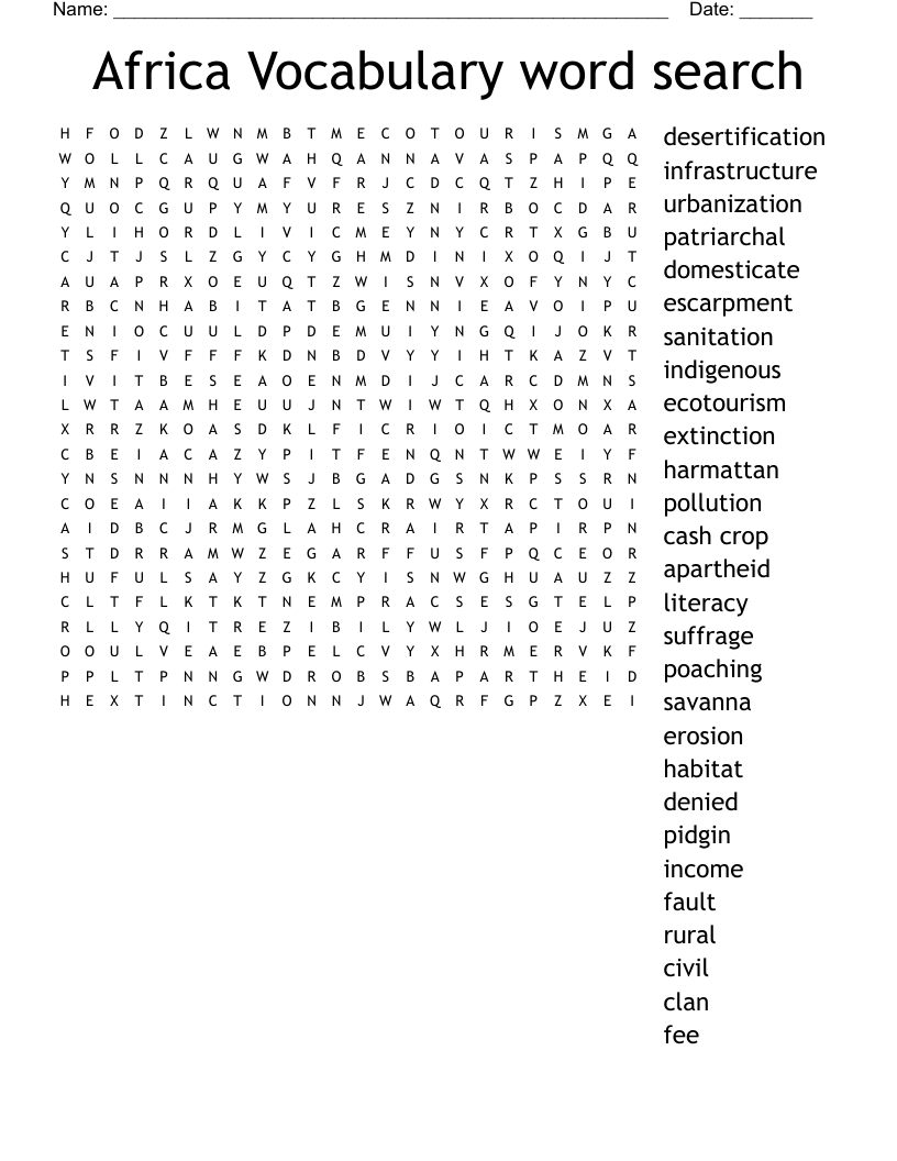 Africa Vocabulary word search