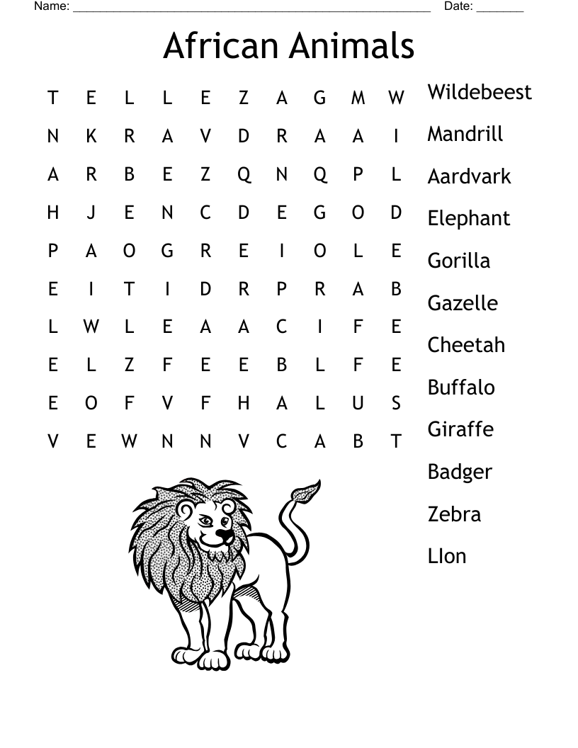 African Animals Word Search