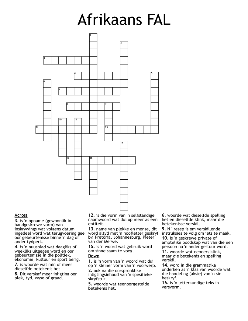 Afrikaans FAL Crossword
