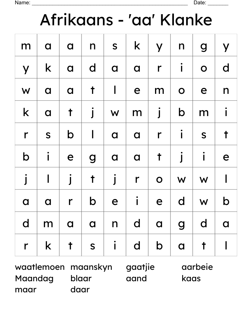 Afrikaans - 'aa' Klanke Word Search
