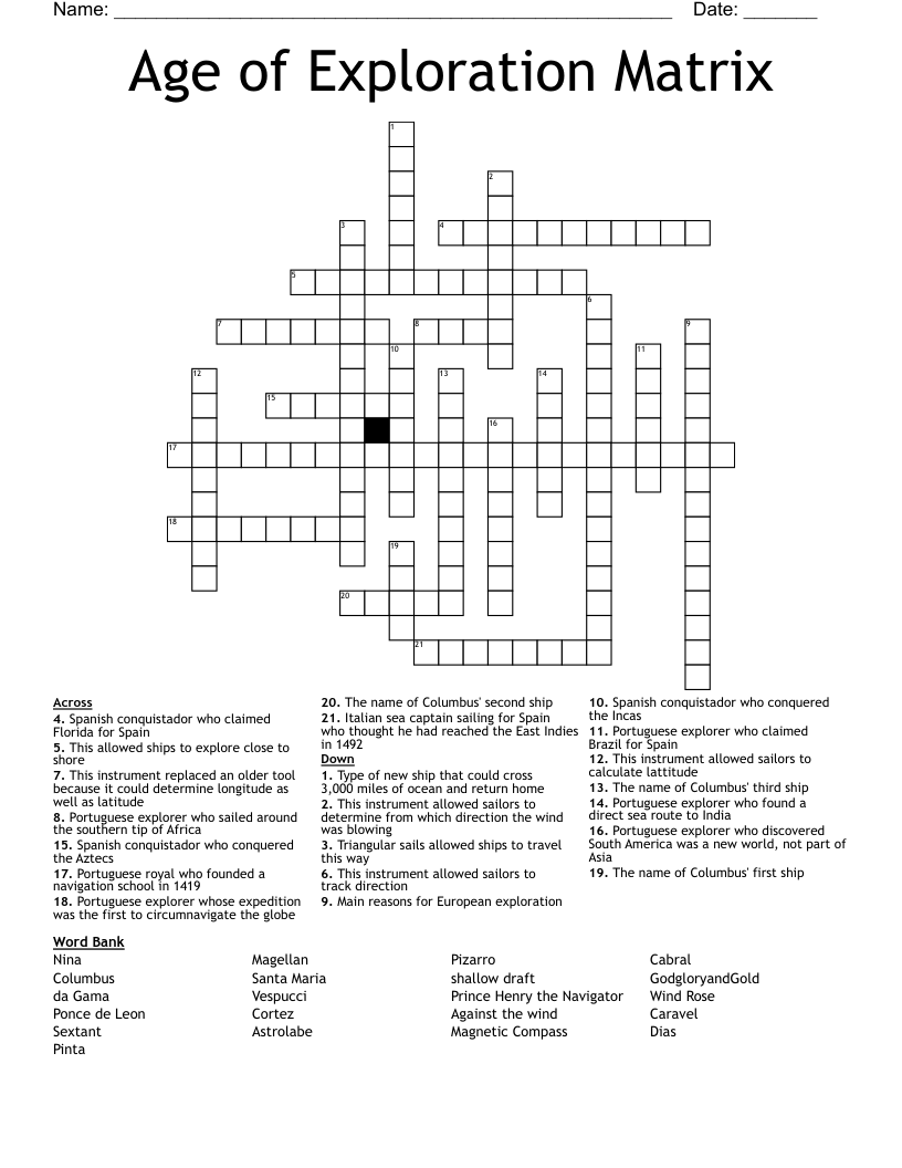 Age of Exploration Matrix Crossword