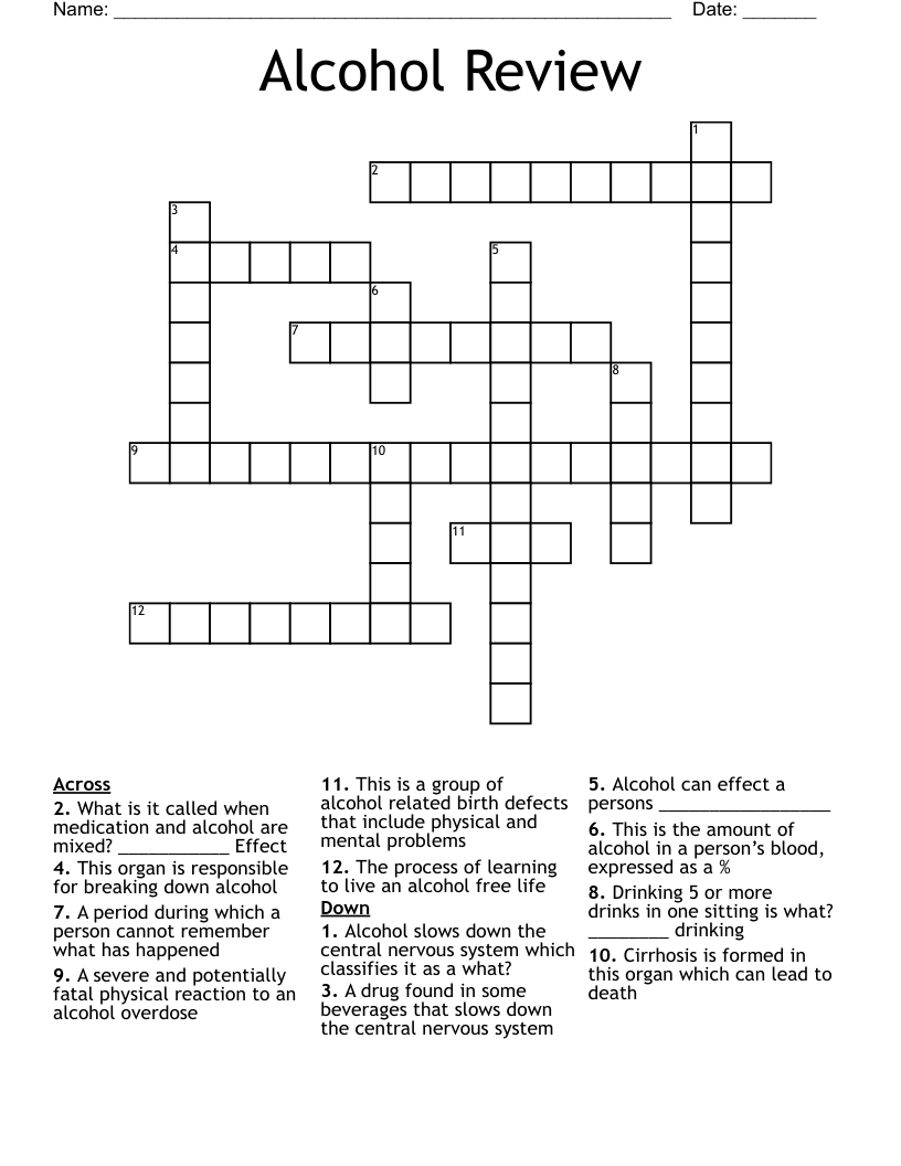 Alcohol Review Crossword
