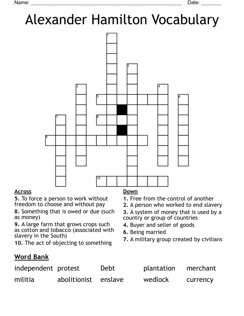 Alexander Hamilton Vocabulary Crossword