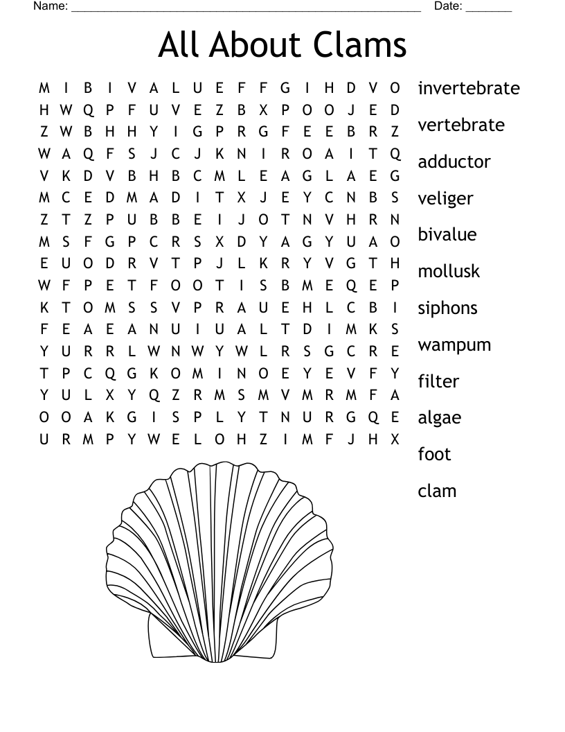 All About Clams Word Search