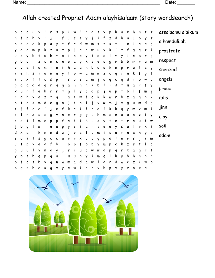 Allah created Prophet Adam alayhisalaam (story wordsearch)